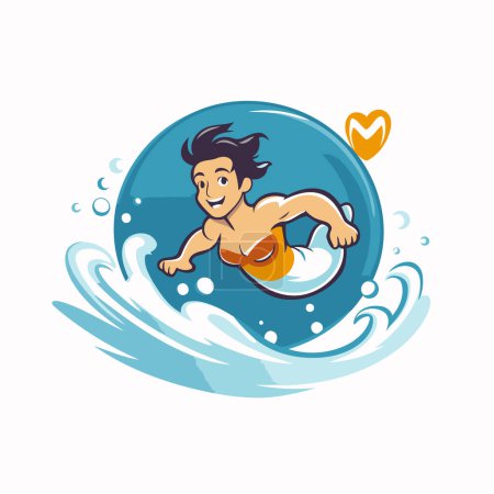 Illustration for Vector illustration of a man swimming on a surfboard in the water - Royalty Free Image
