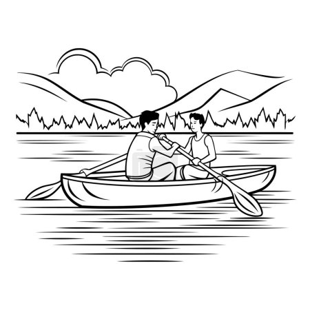 Illustration for Couple in canoe avatar cartoon character black and white vector illustration graphic design - Royalty Free Image