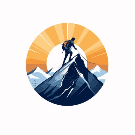 Ilustración de Montañista en la cima de una montaña. Ilustración vectorial - Imagen libre de derechos