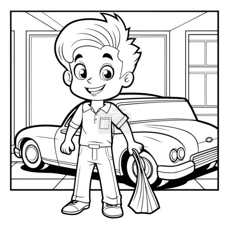 Téléchargez les illustrations : Illustration de bande dessinée en noir et blanc d'un vendeur ou d'un acheteur de voiture de garçon livre à colorier - en licence libre de droit