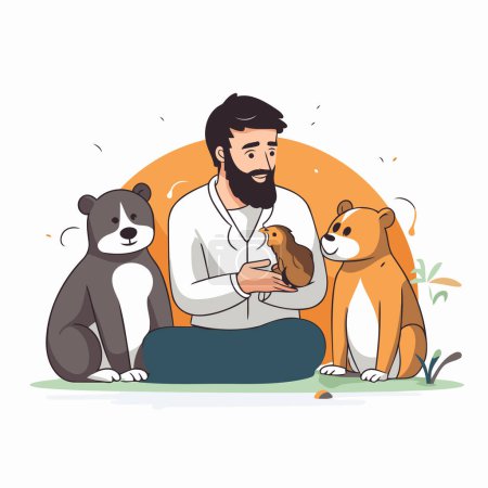 Illustration for Man with beard and mustache sitting with dogs. Vector illustration in cartoon style. - Royalty Free Image