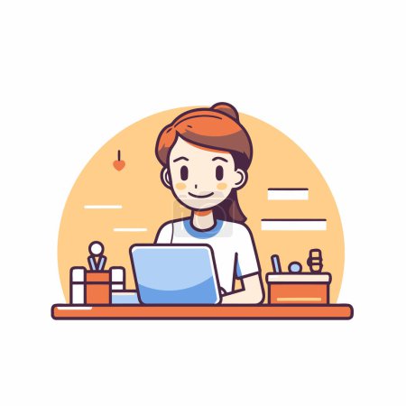 Téléchargez les illustrations : Jeune femme travaillant sur un ordinateur portable à la maison. Illustration vectorielle de style plat. - en licence libre de droit