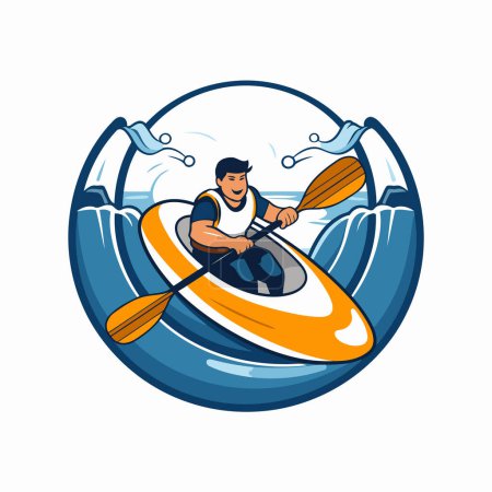Illustration for Illustration of a man paddling a kayak viewed from the side set inside circle done in retro style. - Royalty Free Image