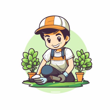 Téléchargez les illustrations : Joli petit garçon qui travaille dans le jardin. Illustration vectorielle de dessin animé. - en licence libre de droit