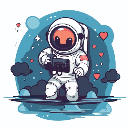 Ilustración de Astronauta sosteniendo una cámara en su mano. Ilustración vectorial. - Imagen libre de derechos