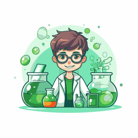 Illustration for Scientist boy cartoon character. Vector illustration of a scientist in a laboratory. - Royalty Free Image