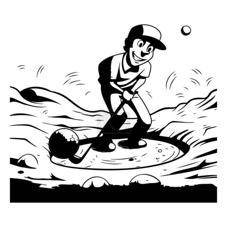 Illustration for Golf player hitting the ball - black and white vector illustration. - Royalty Free Image