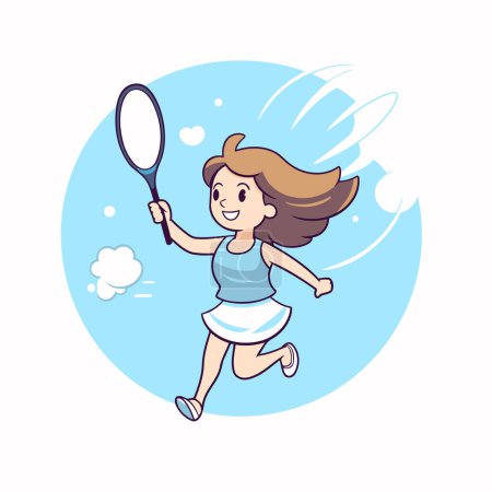 Ilustración de Chica jugando al tenis. Ilustración vectorial en estilo de dibujos animados sobre fondo blanco. - Imagen libre de derechos