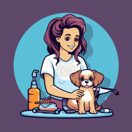 Illustration for Girl with dog and grooming tools. Vector illustration in cartoon style. - Royalty Free Image