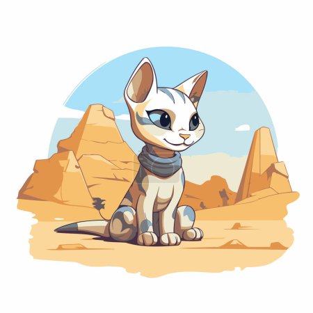 Téléchargez les illustrations : Mignon chat assis sur le sable dans le désert. Illustration vectorielle. - en licence libre de droit