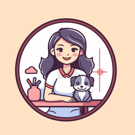 Illustration for Vector illustration of a woman with a dog in a veterinary clinic. - Royalty Free Image