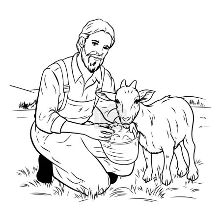 Illustration for Vector illustration of a farmer with a goat and a bowl of milk - Royalty Free Image