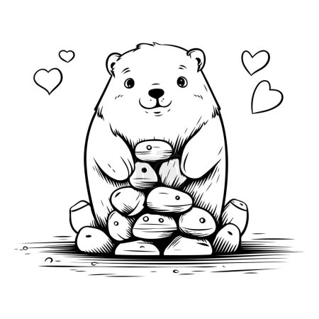 Téléchargez les illustrations : Ours polaire assis sur un tas de pierres et tenant un cœur - en licence libre de droit