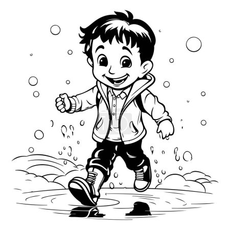 Illustration for Boy playing in the rain - Black and White Cartoon Illustration. Vector - Royalty Free Image