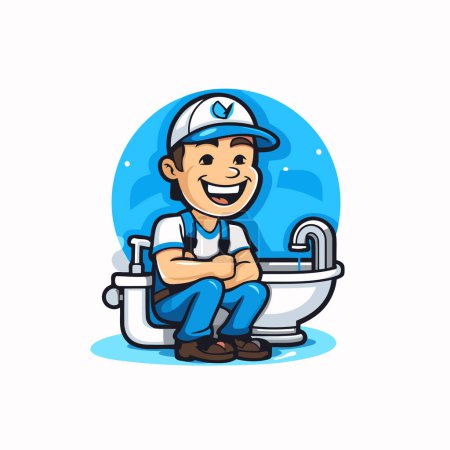 Téléchargez les illustrations : Icône vectorielle de toilette souriante de plombier. Plombier Toilettes souriantes - en licence libre de droit