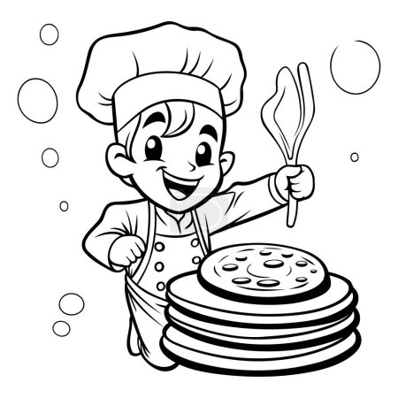 Illustration for Black and White Cartoon Illustration of Little Boy Chef with Stack of Pancakes for Coloring Book - Royalty Free Image