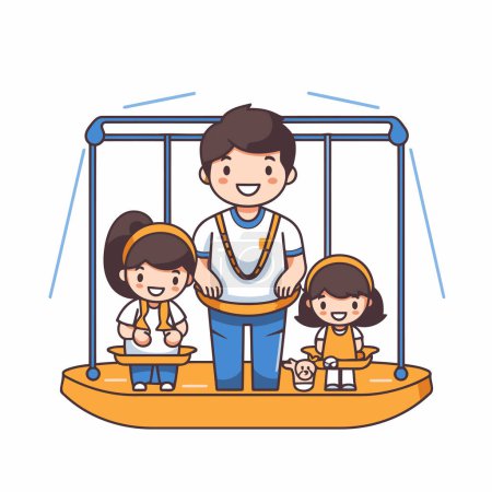 Ilustración de Ilustración vectorial de un padre feliz y los niños en un columpio. Estilo plano. - Imagen libre de derechos