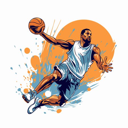 Téléchargez les illustrations : Joueur de basket-ball sautant avec la balle. Illustration vectorielle sur fond blanc. - en licence libre de droit