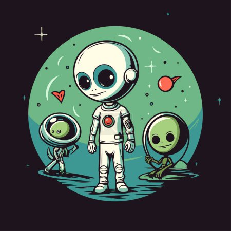 Illustration for Astronaut and alien in space. Vector illustration. Cartoon style. - Royalty Free Image