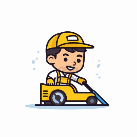 Téléchargez les illustrations : Mignon garçon conduisant une voiture jouet. Illustration vectorielle de style plat. - en licence libre de droit