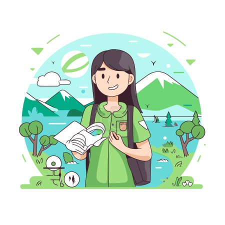 Téléchargez les illustrations : Femme touristique avec carte et tasse de café. Illustration vectorielle. - en licence libre de droit