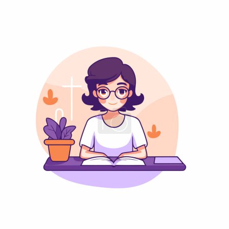 Illustration for Girl with glasses sitting at the table and reading a book. Vector illustration - Royalty Free Image