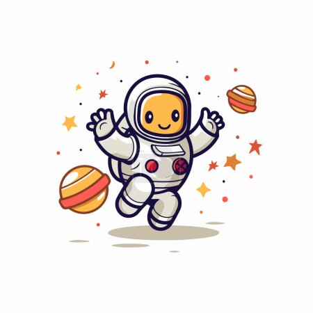 Illustration for Cute astronaut in space suit flying with planets. vector illustration. - Royalty Free Image