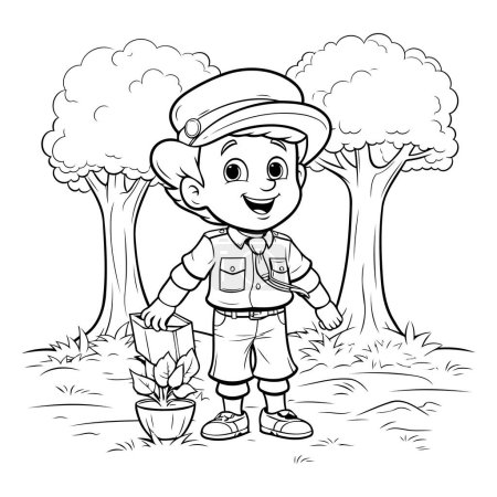 Illustration for Coloring Page Outline Of a Boy Scout in the Forest. - Royalty Free Image