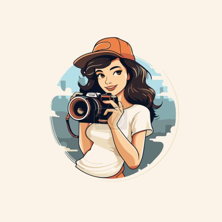 Illustration for Vector illustration of a beautiful girl in a cap with a camera. - Royalty Free Image