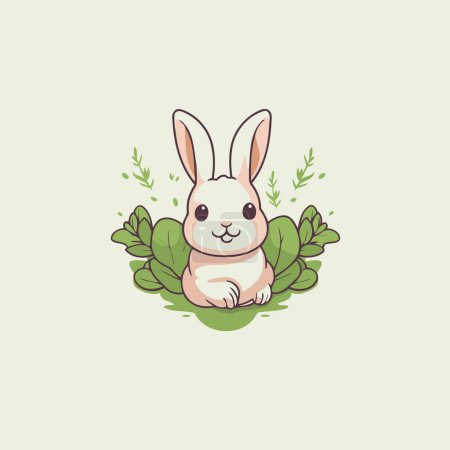 Illustration for Cute cartoon bunny with green leaves on green background. Vector illustration. - Royalty Free Image