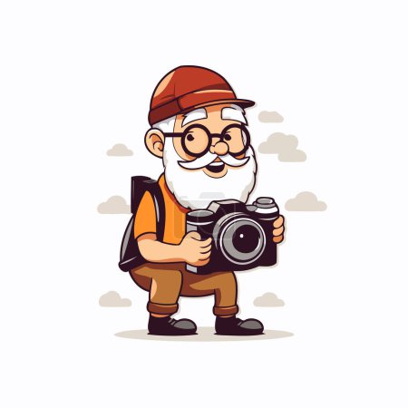 Téléchargez les illustrations : Dessin animé vieil homme avec une caméra. Illustration vectorielle sur fond blanc. - en licence libre de droit