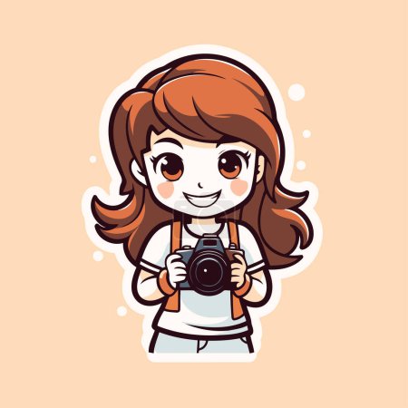 Illustration for Cute little girl holding a camera and smiling. Vector illustration. - Royalty Free Image