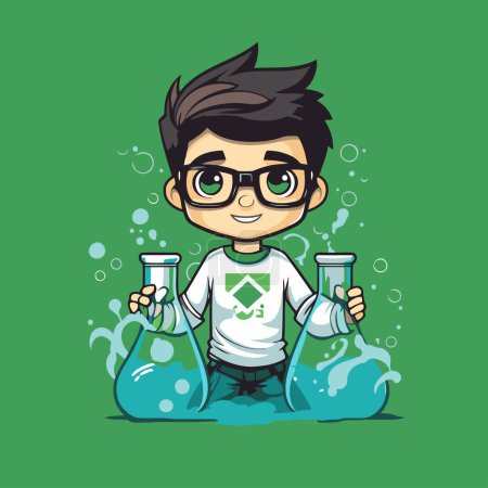 Illustration for Cartoon scientist with test tubes. Vector illustration on green background. - Royalty Free Image