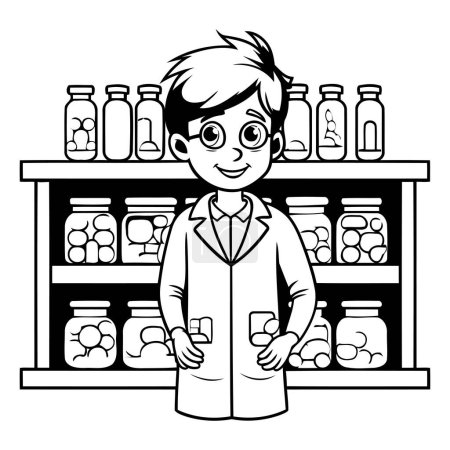 Illustration for Supermarket shelves with nutritionist boy cartoon vector illustration graphic design in black and white - Royalty Free Image