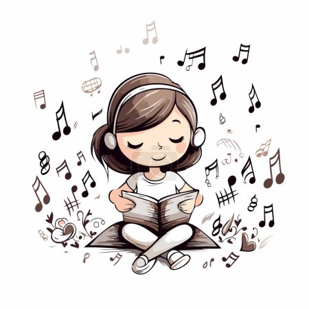 Téléchargez les illustrations : Petite fille mignonne écoutant de la musique avec des écouteurs. Illustration vectorielle. - en licence libre de droit