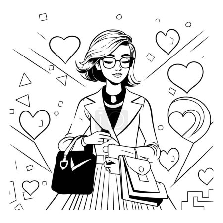 Téléchargez les illustrations : Belle femme avec sac à provisions. Illustration vectorielle noir et blanc. - en licence libre de droit