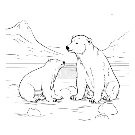 Ilustración de Oso polar y cachorro en el hielo. Ilustración vectorial en blanco y negro. - Imagen libre de derechos