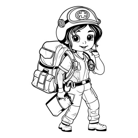 Téléchargez les illustrations : Illustration d'une jolie fille en costume de pompier avec un sac à dos - en licence libre de droit