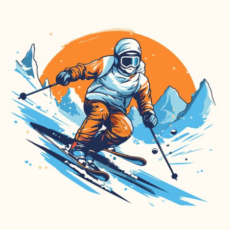 Téléchargez les illustrations : Illustration vectorielle du skieur en casque et lunettes de ski en montagne. - en licence libre de droit