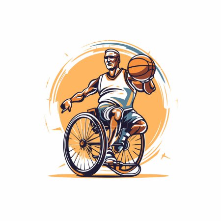 Téléchargez les illustrations : Joueur de basketball en fauteuil roulant avec balle. Illustration vectorielle dans le style dessin animé. - en licence libre de droit