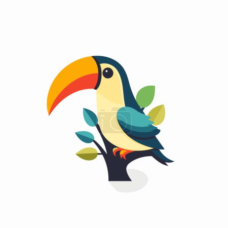 Téléchargez les illustrations : Un oiseau toucan assis sur un arbre. Illustration vectorielle en style plat - en licence libre de droit