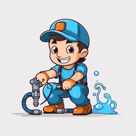 Illustration for Plumber with a pipe. Vector illustration of a cartoon character. - Royalty Free Image