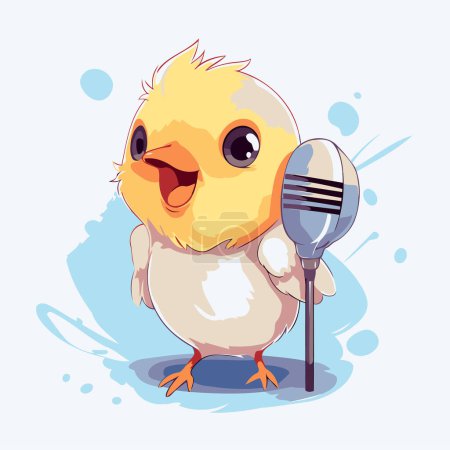 Illustration for Cute little chicken singing a song in microphone. Vector illustration. - Royalty Free Image