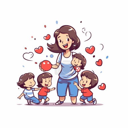 Téléchargez les illustrations : Mère et ses enfants jouent avec le cœur. Illustration vectorielle dans le style dessin animé. - en licence libre de droit