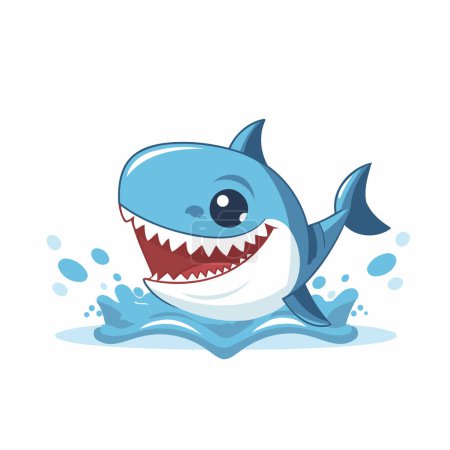 Ilustración de Lindo tiburón de dibujos animados nadando en el agua. Ilustración vectorial aislada sobre fondo blanco. - Imagen libre de derechos