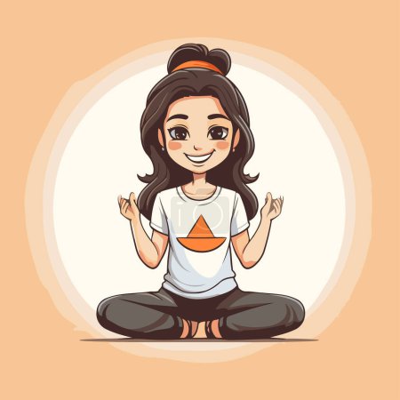 Téléchargez les illustrations : Jolie fille dessin animé méditant en position lotus. Illustration vectorielle. - en licence libre de droit