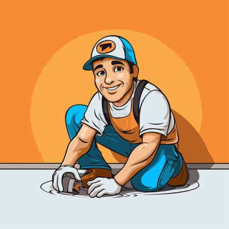 Téléchargez les illustrations : Illustration d'un travailleur électricien souriant au travail. Vecteur - en licence libre de droit