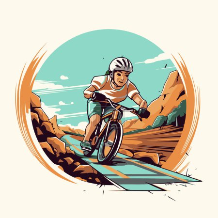 Ilustración de Ciclista montando en bicicleta de montaña en el desierto. ilustración vectorial - Imagen libre de derechos