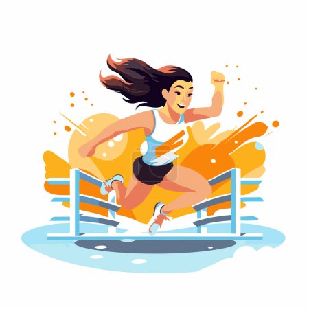 Illustration for Sporty young woman running at the finish line. Vector illustration. - Royalty Free Image