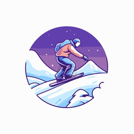 Illustration for Snowboarder riding on the mountains. Vector illustration in cartoon style. - Royalty Free Image